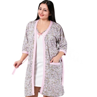 Макси нощница и халат в светлокафяво и бяло с цветя