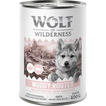 Wolf of Wilderness 6x400г Muddy Routes Junior Wolf of Wilderness, консервирана храна за кучета - птиче месо със свинско, без зърно