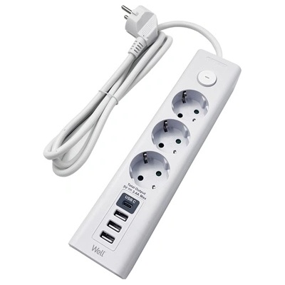 Well Разпределение на захранването 3, 3x USB-A, 1x USB-C, 3 м, бял EXTS-3S3M-USBC4-WL (EXTS-3S3M-USBC4-WL)