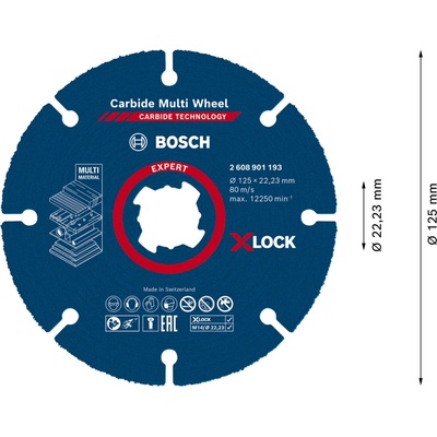 Kotúč rezný Bosch Carbide Multi Wheel X-LOCK 115×1 mm Dostupné varianty: Viacúčelový rezný kotúč Bosch EXPERT Carbide Multi Wheel systému X-LOCK ø 125 mm