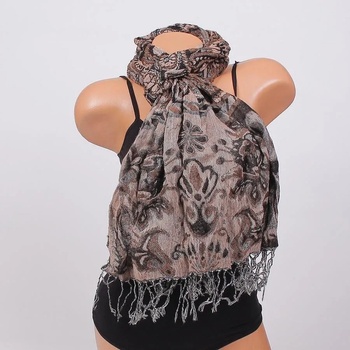 Image 1 of Топъл шал в бежово и черно с флорални мотиви и орнаменти