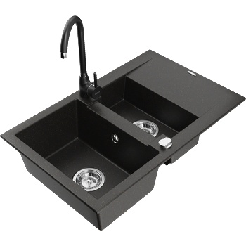 Mexen Gaspar гранитна мивка 1, 5-камерна с отцедник и кухненски смесител Telma, черен/златист - 6507-75-670200-70 (6507-75-670200-70)