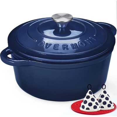 Overmont roasting pan enamel cast iron pot - casserole dish 26cm oven-safe - with lid and cookbook - for kitchen baking stewing roasting - Deep