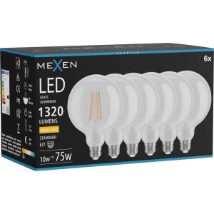 Mexen Vintis 6x LED филаментна крушка E27, G125, 10W, Топла - 2700K, 1320 lm, прозрачен (L158-E27-1027-00x06)