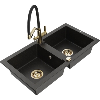Mexen Mario гранитна мивка с 2 отделения и кухненски смесител Duo, черен/златист металик - 6504-75-671701-57-G (6504-75-671701-57-G)
