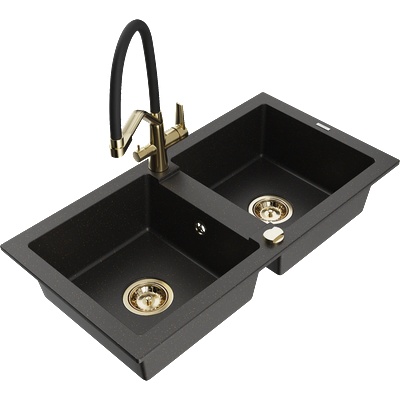 Mexen Mario гранитна мивка с 2 отделения и кухненски смесител Duo, черен/златист металик - 6504-75-671701-57-G (6504-75-671701-57-G)