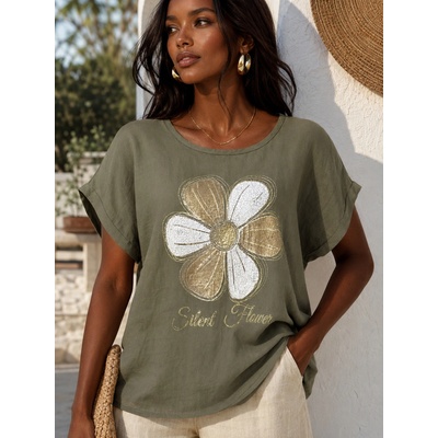 Fashionweek dámska ľanovo-bavlnená blúzka s kvetinovým motívom Silent Flowers IT-Gina khaki