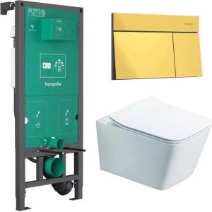Rune Казанче за вграждане Hansgrohe iFrame 112 см с бутон iFrame Element E, лъскаво злато, плюс бяла тоалетна чиния Rune Jord с капак softclose (01022180+66003990+5940541330394)