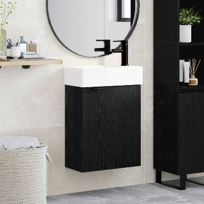 vidaXL Мивка за баня със смесител Черен дъб 45, 5 x 22, 5 x 84 см (889434)