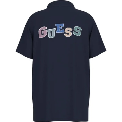 GUESS Тъмносиня тениска за момче с яка с цветен надпис Guess на гърба