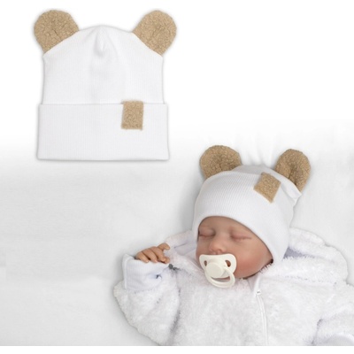 Baby Nellys Dvouvrstvá žebrovaná čepička s oušky boucle medvídek bílá