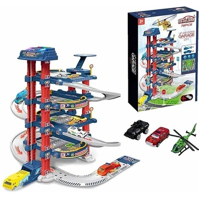 TopKing Parkovací garáž s elektrickým výtahem 4patrová autodráha s 2 auty a vrtulníkem SWAT