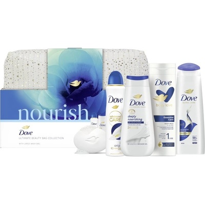 Dove Nourish Dove Deeply Nourishing sprchový gél 225 ml + Dove Intensive Repair čistiaci šampón 250 ml + Dove Essential Care hydratačné telové mlieko 250 ml + Dove Advanced Care Original antiperspiran