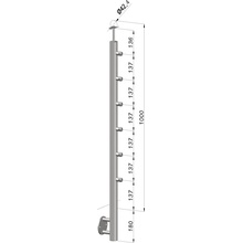 nerezový stĺp, bočné kotvenie, 6 radový priechodný, vonkajší, vrch pevný (ø 42.4x2mm), brúsená nerez K320 /AISI316