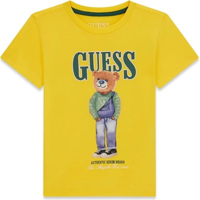 GUESS Жълта тениска за мини момче с голямо цветно мече и зелен надпис Guess