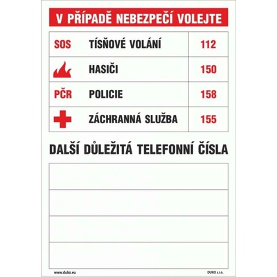 DUKO V PŘÍPADĚ NEBEZPEČÍ VOLEJTE Formát: 148 x 210 mm, Materiál: samolepící vinylová fólie