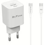 DeTech Мрежово зарядно устройство DeTech DE-60C, 20W, 1 x Type-C F, 1 x USB F, PD, QC, С кабел Type-C - Type-C, 1.0m, Бял - 40544