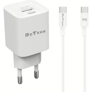DeTech Мрежово зарядно устройство DeTech DE-60C, 20W, 1 x Type-C F, 1 x USB F, PD, QC, С кабел Type-C - Type-C, 1.0m, Бял - 40544