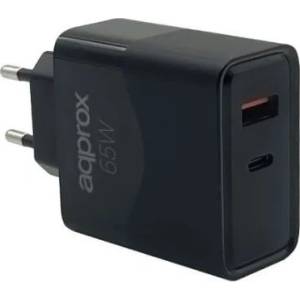 Approx Зарядно за телефон - USB Type-C, USB-A порт, 65W бързо зарядно устройство + 1 м USB Type-C кабел, черен APPUSBWALL65W (APPUSBWALL65W)