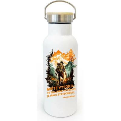 Canvas termoska s bambusovým víčkem Miřte vysoko 500 ml Bílá
