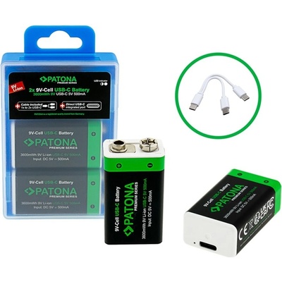 PATONA nabíjecí baterie 6F22/LR22 Li-lon 400mAh 9V s USB-C nabíjením, 2ks v balení – Zboží Živě