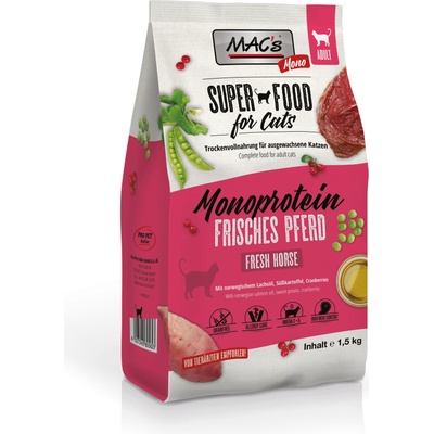 MAC's Monoprotein Hourse - Премиум суха храна за израснали капризни и чувствителни котки, без зърно, с конско месо, червени боровинки и сладък картоф1.5 кг