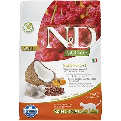 Farmina N&D Quinoa Skin & Coat - храна за котки в зряла възраст с чувствителна кожа и козина с херинга; без зърно 0.300 кг