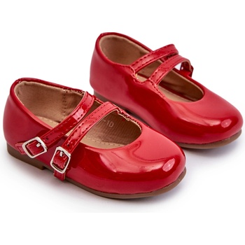 Detské lakované balerínky s eko koženými prúžkami červené