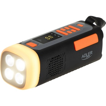 Adler Аварийно радио Adler AD 1920, Соларен панел/Ръчно динамо/USB-C, 4500 mAh, Bluetooth, LED дисплей, Черен/Оранжев (AD 1920)