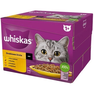 WHISKAS Adult Hydinové hody v omáčke kúsky s kuracím, kačacím, hydinovým, morčacím 24x85 g