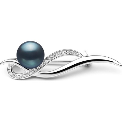 Gaura Pearls stříbrná brož s černou perlou a zirkony Stephanie SK20225BR/B černá