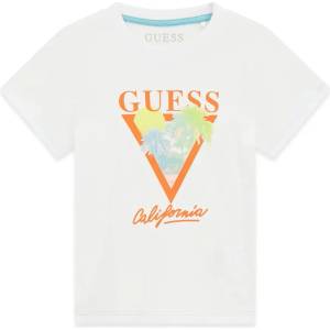 GUESS Бяла тениска за мини момче с оранжев надпис Guess и палми
