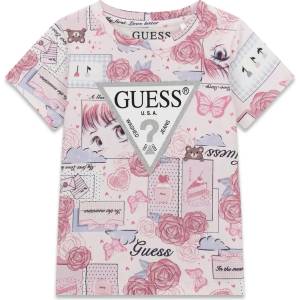 GUESS Розова тениска за мини момиче с пеперуди и рози със сребристо лого Guess
