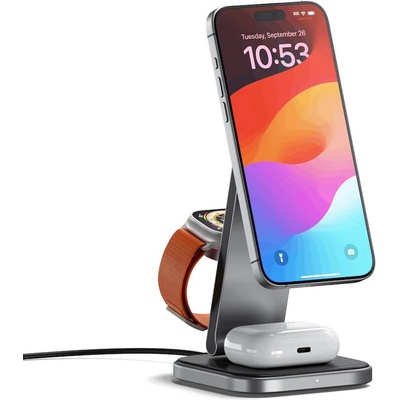 3-in-1 Foldable Qi2 Magnetic Wireless Charging Stand - двойна поставка (пад) за безжично зареждане за iPhone с Magsafe и AirPods (тъмносив)