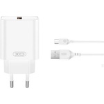 XO CE33 зарядно устройство за електрическата мрежа USB гнездо 18W, бързо зарядно устройство 3.0 + microUSB кабел, БЯЛ XO-CE33+MICROUSB (XO-CE33+MICROUSB)