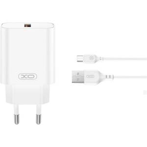 XO CE33 зарядно устройство за електрическата мрежа USB гнездо 18W, бързо зарядно устройство 3.0 + microUSB кабел, БЯЛ XO-CE33+MICROUSB (XO-CE33+MICROUSB)