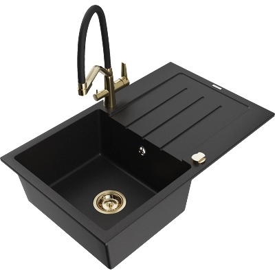 Mexen Bruno гранитна мивка 1-камерна с отцедник и кухненски кран Duo, черен - 6513-77-671701-57-G (6513-77-671701-57-G)