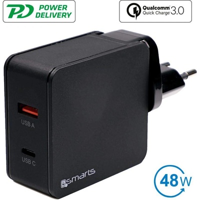4smarts Travel Charger Set VoltPlug QC/PD 48W - захранване за ел. мрежа с USB-A изход и USB-C изход с адаптори за USA и UK стандарт (48W) (черен)