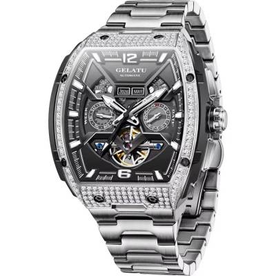 Gelatu Мъжки часовник GELATU Luxury Skeleton, Автоматичен, Неръждаема стомана, Сребрист (GELATU-6016-STEEL-SILVER)