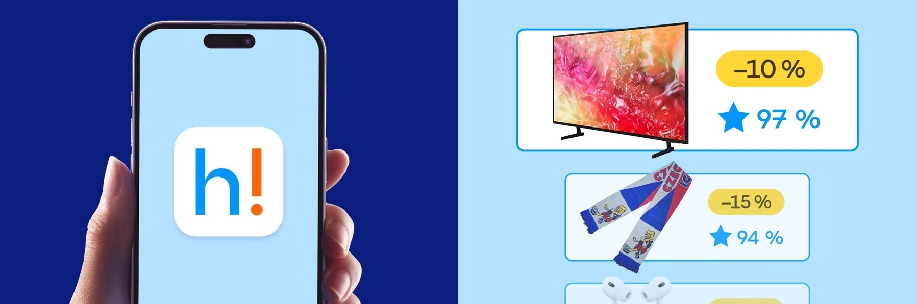 Ukázka aplikace Heureka – logo a produkty s hodnocením a slevami