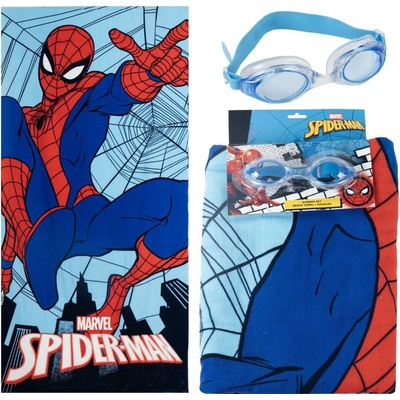 CurePink osuška s plaveckými brýlemi Marvel Spiderman 70 x 140 cm