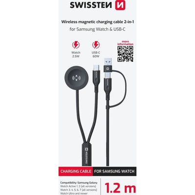 Swissten magnetický kábel na Samsung Galaxy Watch a USB-C, USB-C(USB-A) 1,2 m čierny 22065512