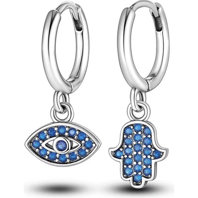 Grace Silver Jewellery stříbrné náušnice Evil Eye a Hamsa E-1487/277 Modrá