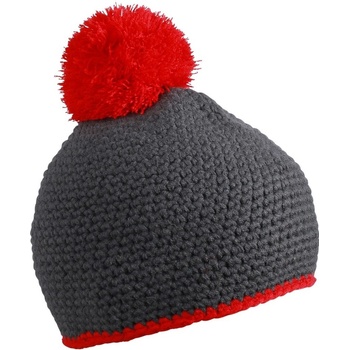 Myrtle Beach MB7964 pletená čiapka s kontrastným pruhom a brmbolcom tmavě šedá červená