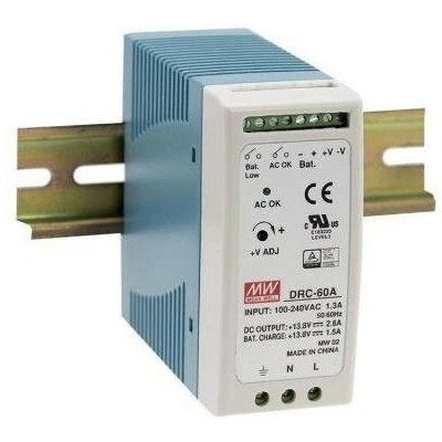 MEAN WELL DRC-60A Zdroj, napájecí, průmyslový, 60W, 12-15V, DIN montáž, s funkcí nabíječky 12V (UPS) DRC-60A