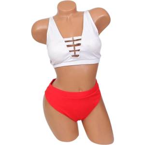  Дамски бански с рипсен ефект в бяло и червено