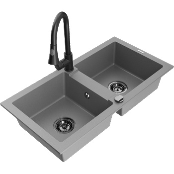 Mexen Mario двоен кухненски мивка от гранит с кухненски смесител Elia, сив - 6504-71-670101-70-B (6504-71-670101-70-B)
