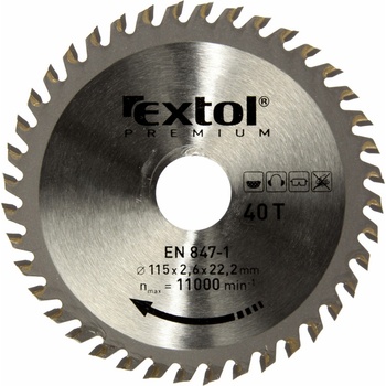 EXTOL PREMIUM pilový kotouč s SK plátky, 115x1,3x22,2mm, 40T, šířka SK plátků 2,6mm