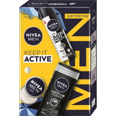 Nivea Men Keep It Active Invisible Black & White Original antiperspirant sprej 150 ml + Nivea Men Active Clean sprchový gel 250 ml + Nivea Men Creme krém na obličej, tělo a ruce 30 ml, kosmetická sada