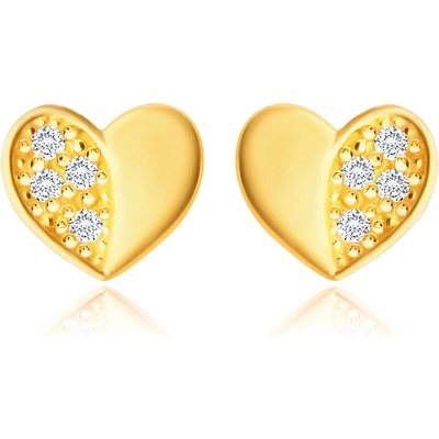 Šperky Eshop zlaté náušnice souměrné srdíčko zirkonovou polovinou GG224.06